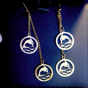 ISara Gold Dangly Double Dolphin Earrings GIFT Boxed
